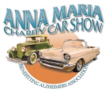 Logo for the Anna Maria Car Show 2025 with a vintage car, bold text, and a ribbon for Alzheimer research.