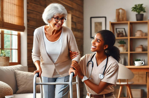 A compassionate home caregiver with a warm smile assists an elderly patient using a walker. The caregiver stands attentively beside the patient, offering support and encouragement in a bright, welcoming home setting.